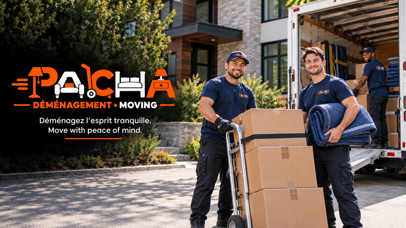 PACHA moving image with boxes, moving blankets and a truck